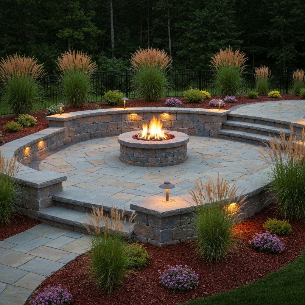 Custom stone patio and fire pit landscaping in Worcester, MA
